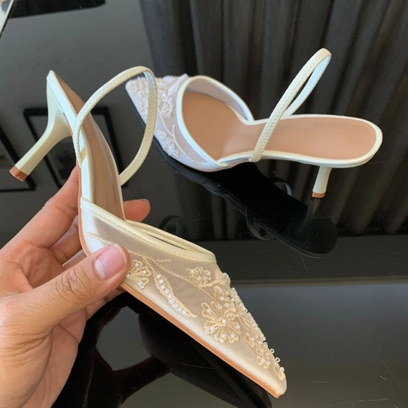 Evie | Floral Mesh Pointed Toe Slingback Kitten Heels