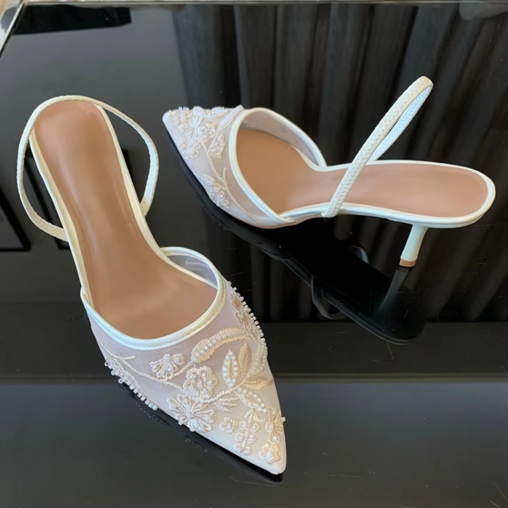 Evie | Floral Mesh Pointed Toe Slingback Kitten Heels