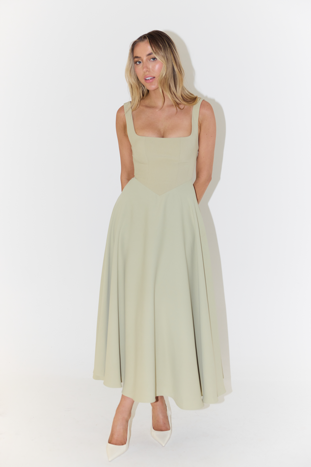 Felicity | Wedding Guest Square Neck Sleeveless Midi Dress