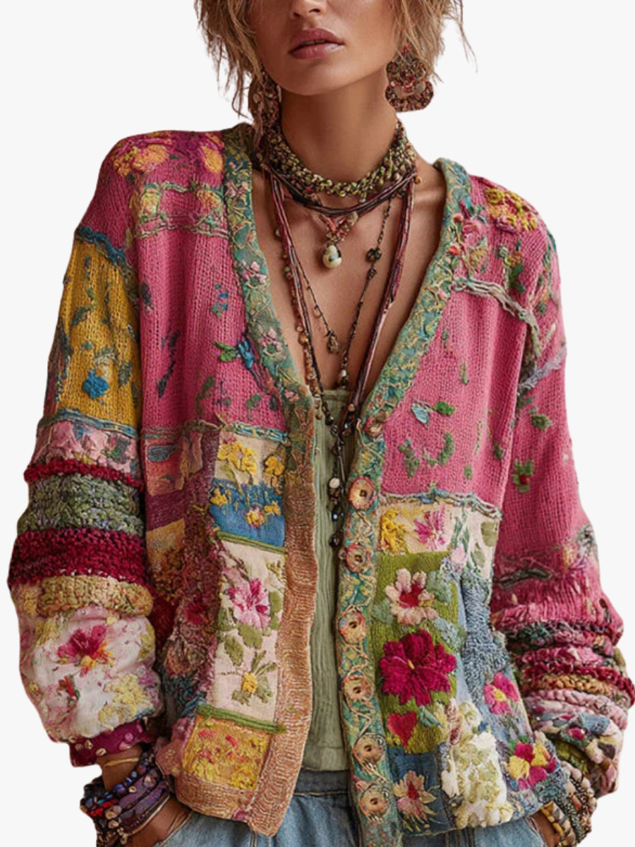 Felicity | Womens Pink Floral Knit Button Long Sleeve V-Neck Cardigan