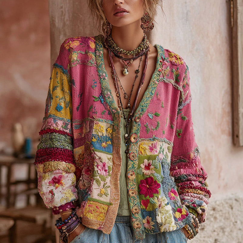Felicity | Womens Pink Floral Knit Button Long Sleeve V-Neck Cardigan