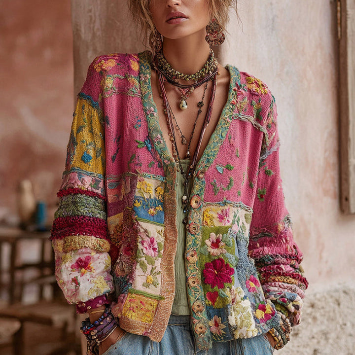 Felicity | Womens Pink Floral Knit Button Long Sleeve V-Neck Cardigan