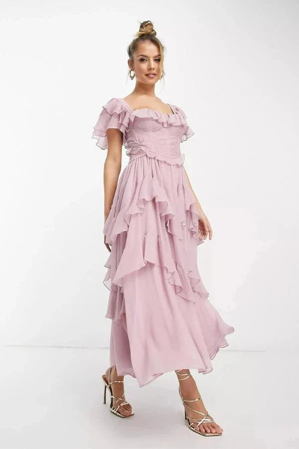 Florence | Off Shoulder Ruffle Wedding Guest Tiered Midi Dress