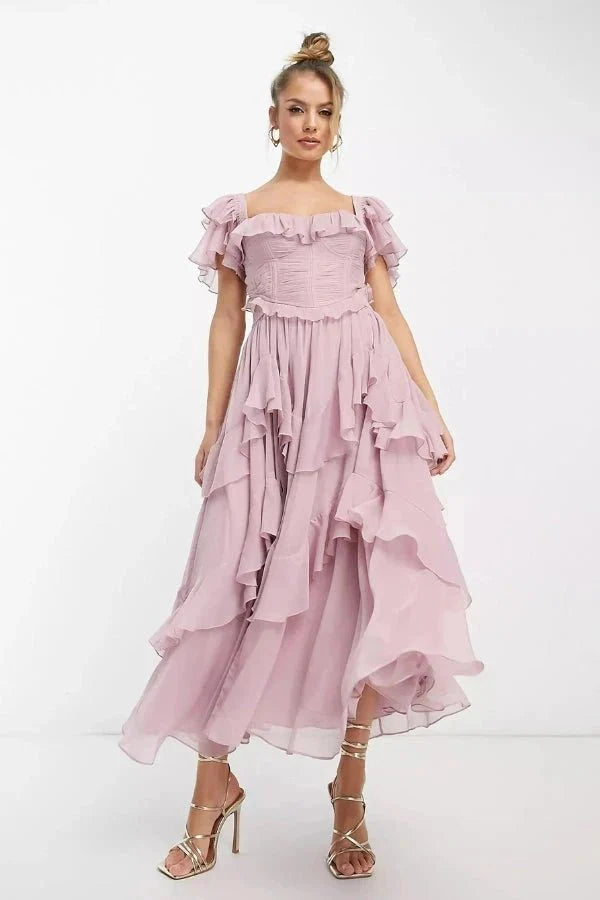Florence | Off Shoulder Ruffle Wedding Guest Tiered Midi Dress