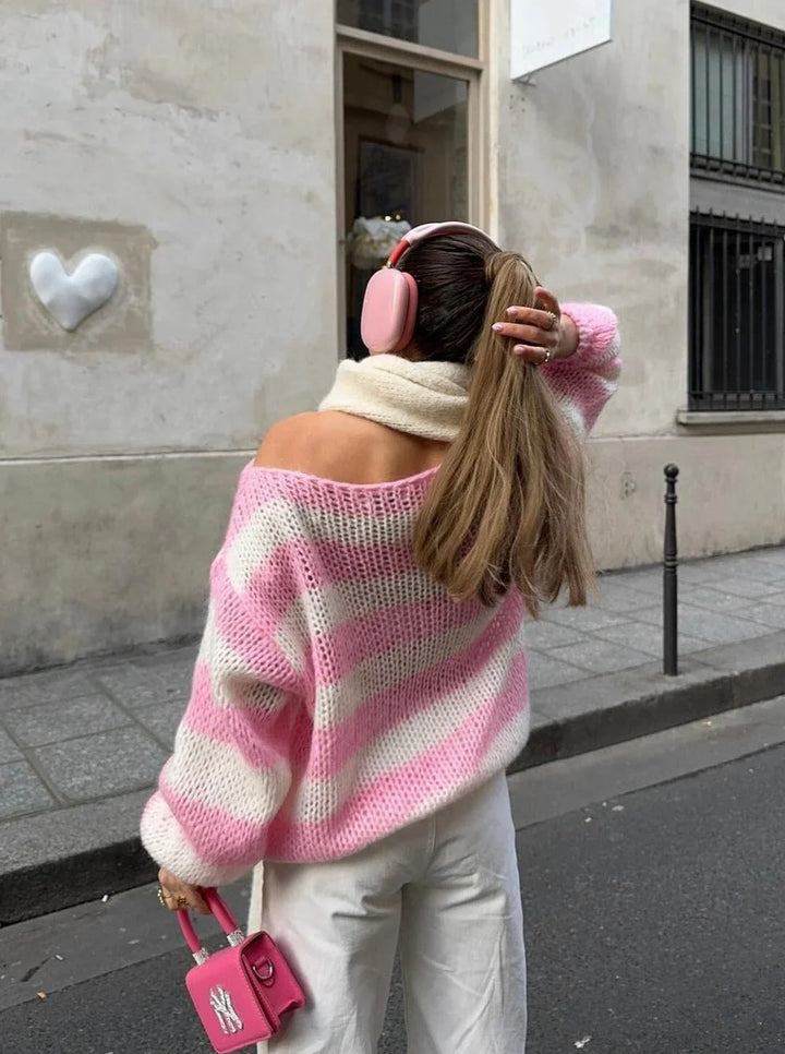 Florence | Womens Striped Chunky Knit Crewneck Jumper