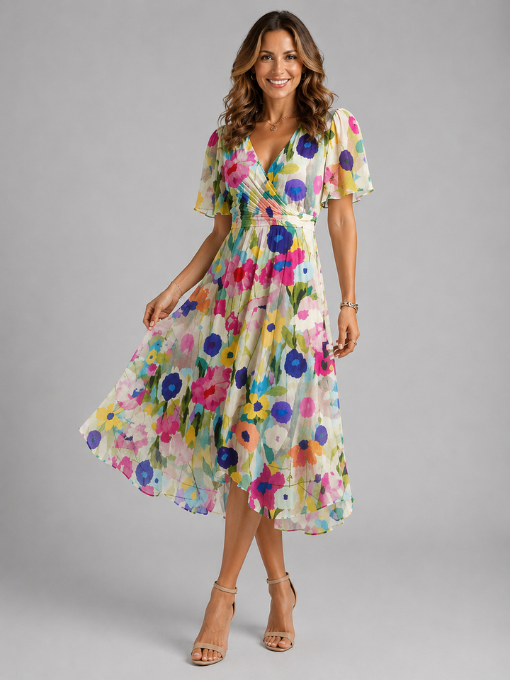 Freya | Wedding Guest Floral Chiffon Wrap Midi Dress
