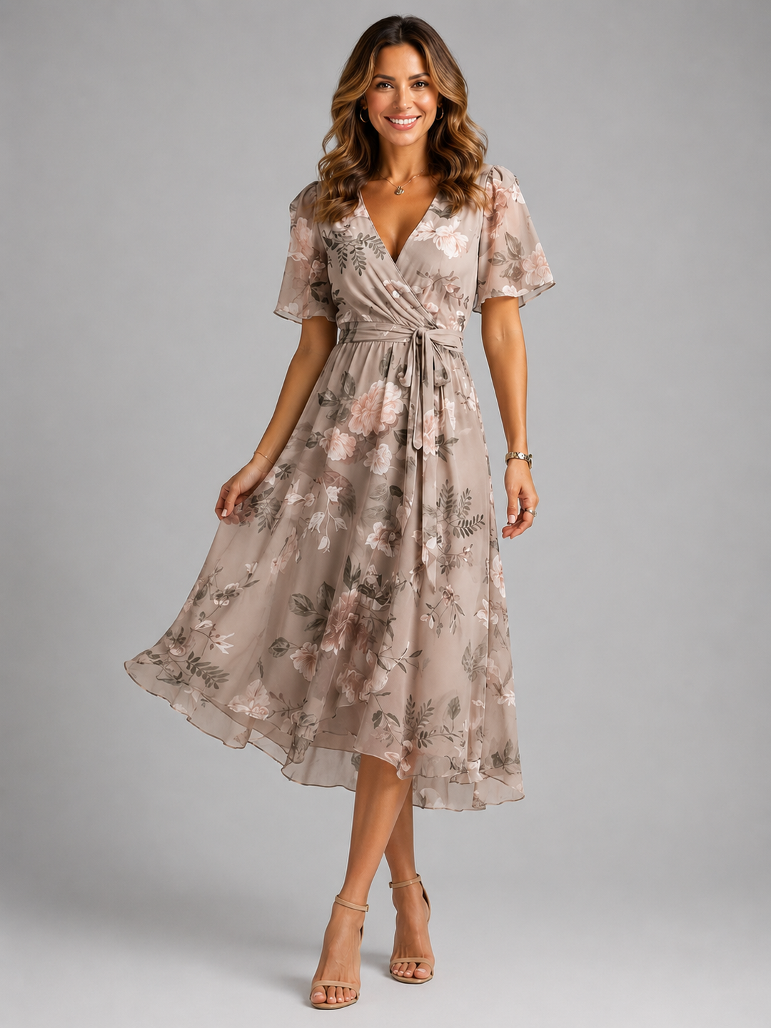 Freya | Wedding Guest Floral Chiffon Wrap Midi Dress