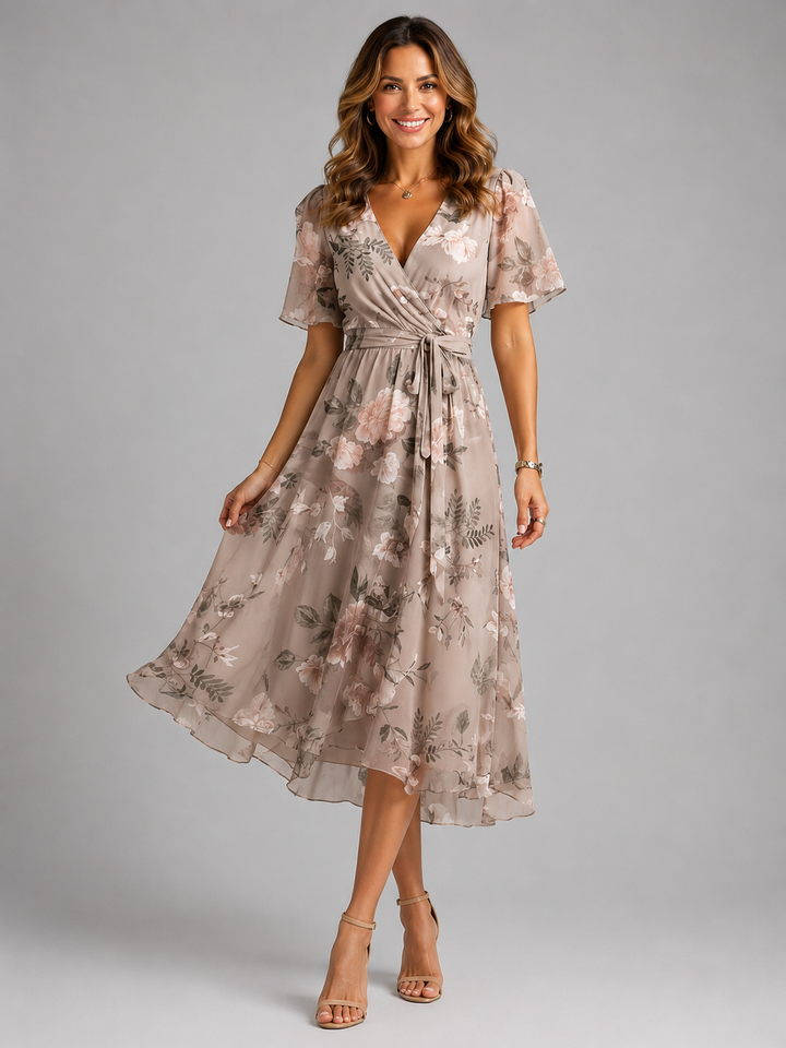 Freya | Wedding Guest Floral Chiffon Wrap Midi Dress