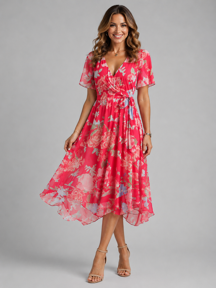 Freya | Wedding Guest Floral Chiffon Wrap Midi Dress