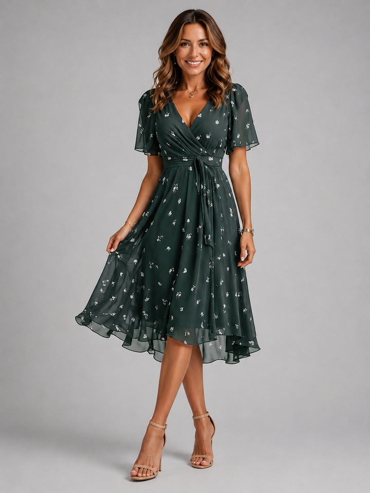 Freya | Wedding Guest Floral Chiffon Wrap Midi Dress