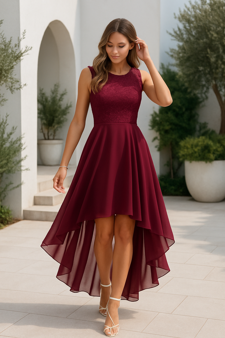 Freya | Wedding Guest Lace Chiffon High Low Maxi Dress