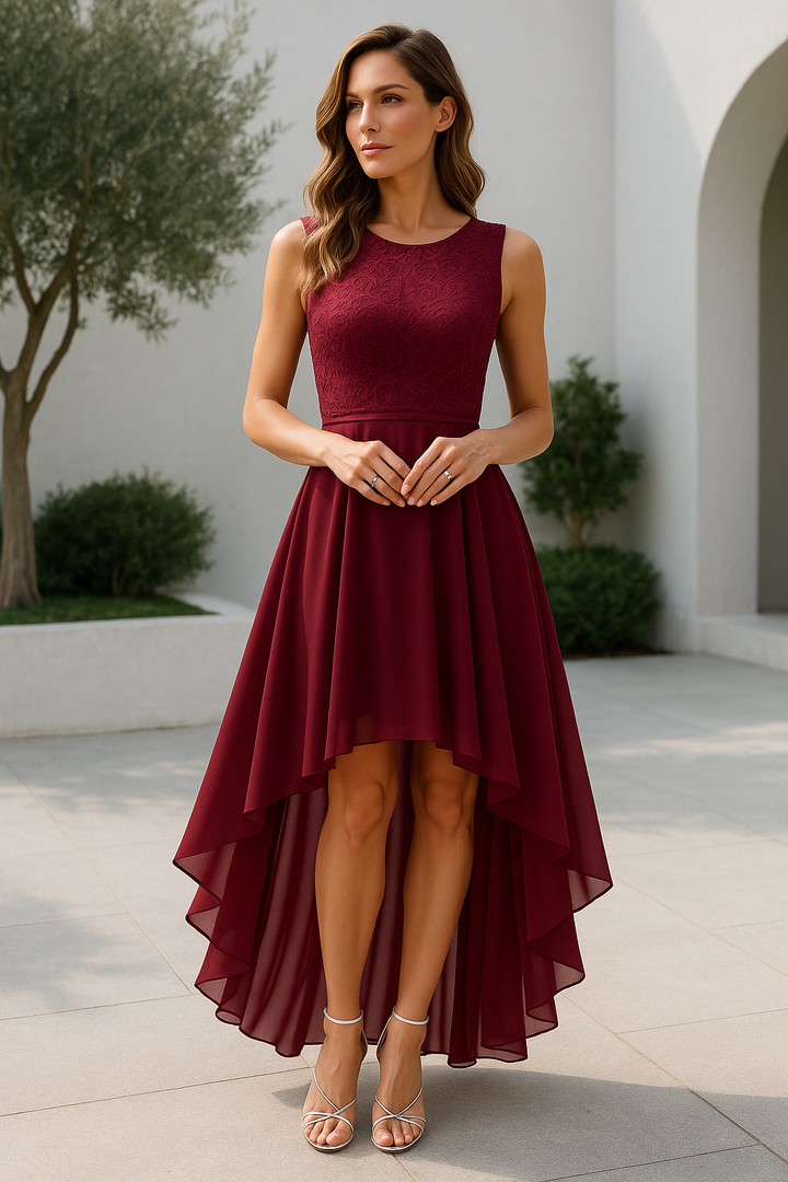Freya | Wedding Guest Lace Chiffon High Low Maxi Dress