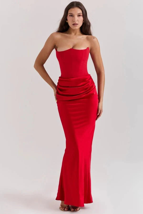 Freya | Wedding Guest Strapless Corset Satin Maxi Dress