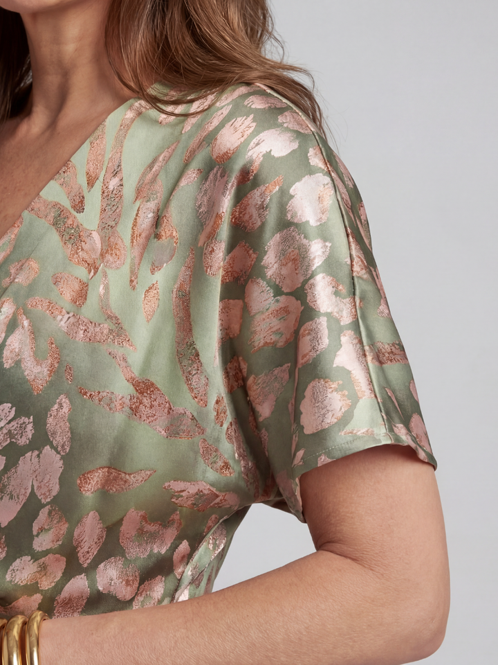 Gemma | Green Animal Print V Neck Short Sleeve Maxi Dress