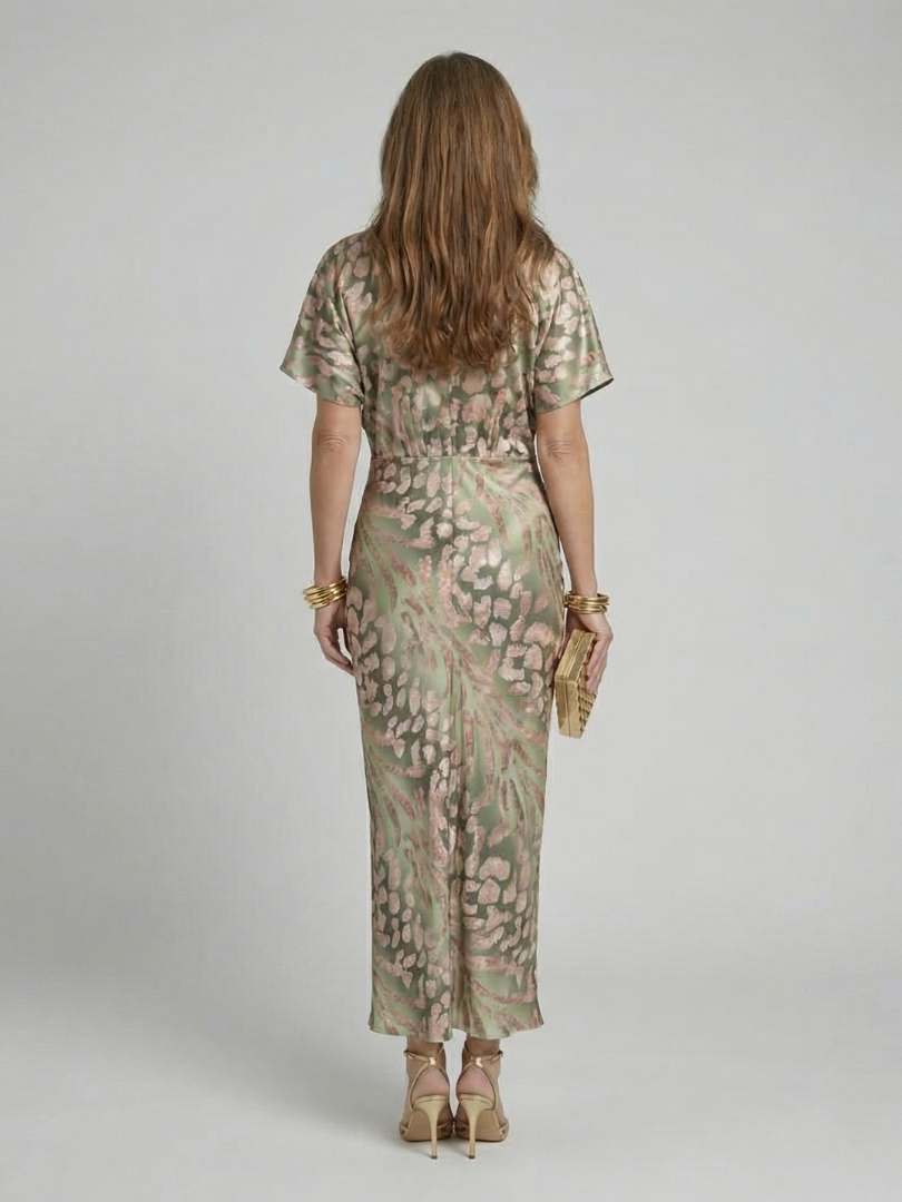 Gemma | Green Animal Print V Neck Short Sleeve Maxi Dress
