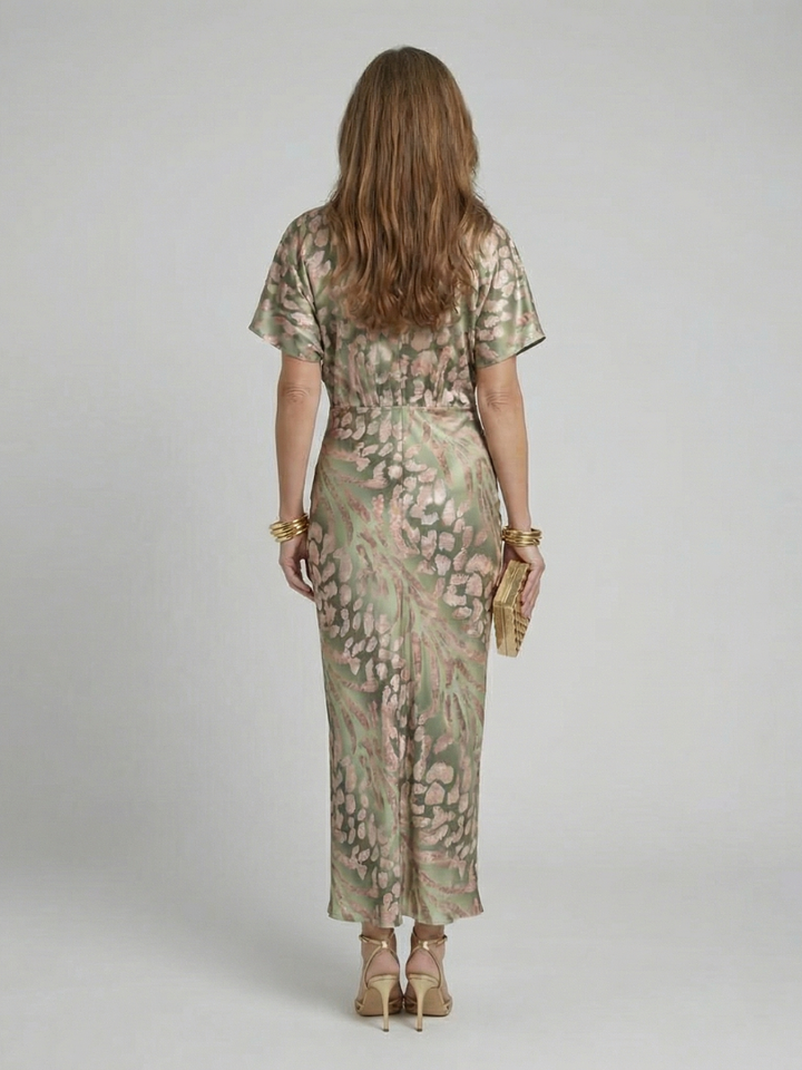 Gemma | Green Animal Print V Neck Short Sleeve Maxi Dress