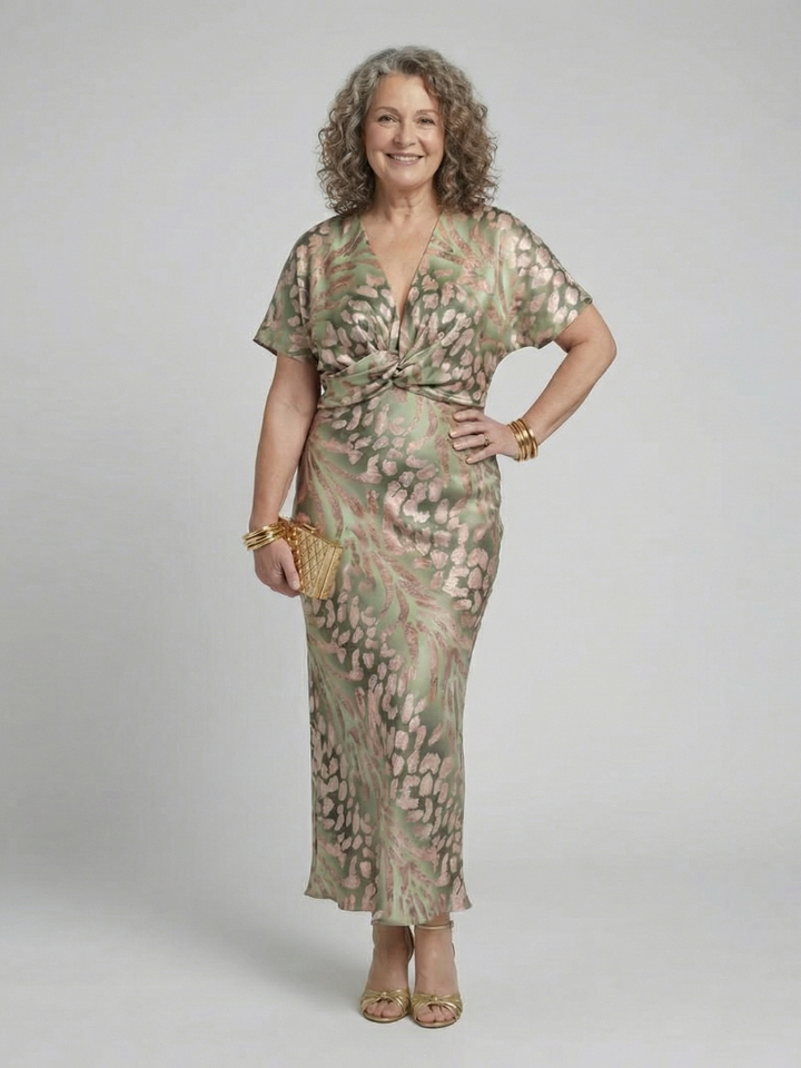 Gemma | Green Animal Print V Neck Short Sleeve Maxi Dress