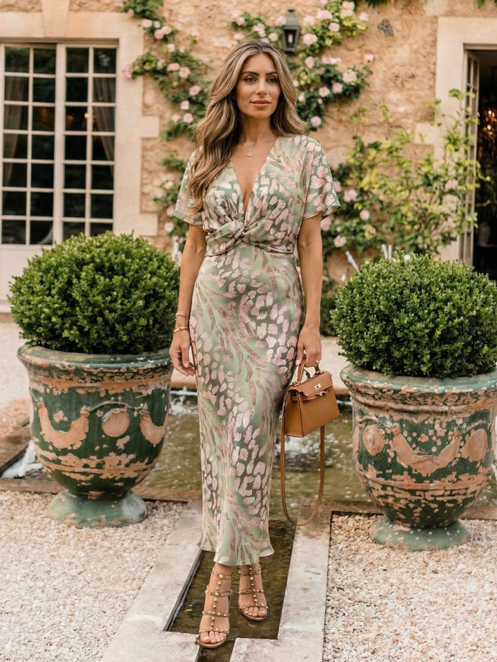Gemma | Green Animal Print V Neck Short Sleeve Maxi Dress