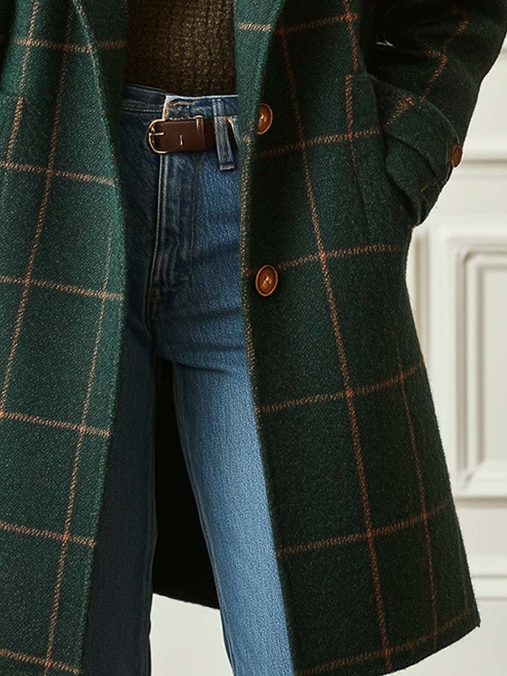 Georgia | Womens Green Checked Wool Blend Single Breasted Coat