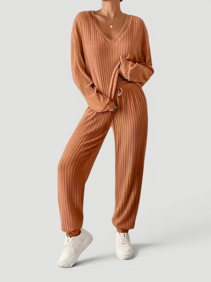 Georgia | Womens Ribbed Knitted V Neck Long Sleeve Lounge Set