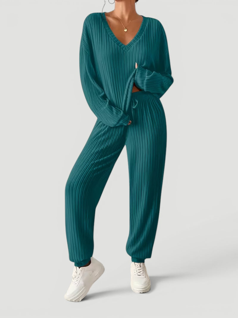Georgia | Womens Ribbed Knitted V Neck Long Sleeve Lounge Set
