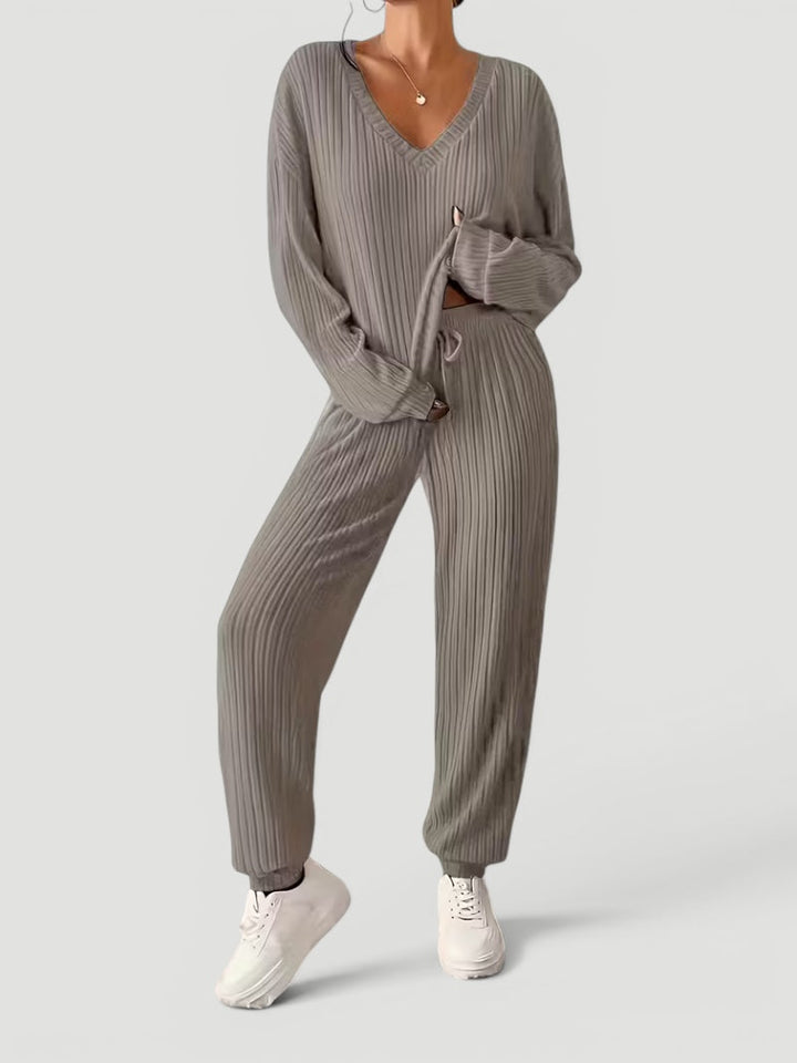 Georgia | Womens Ribbed Knitted V Neck Long Sleeve Lounge Set