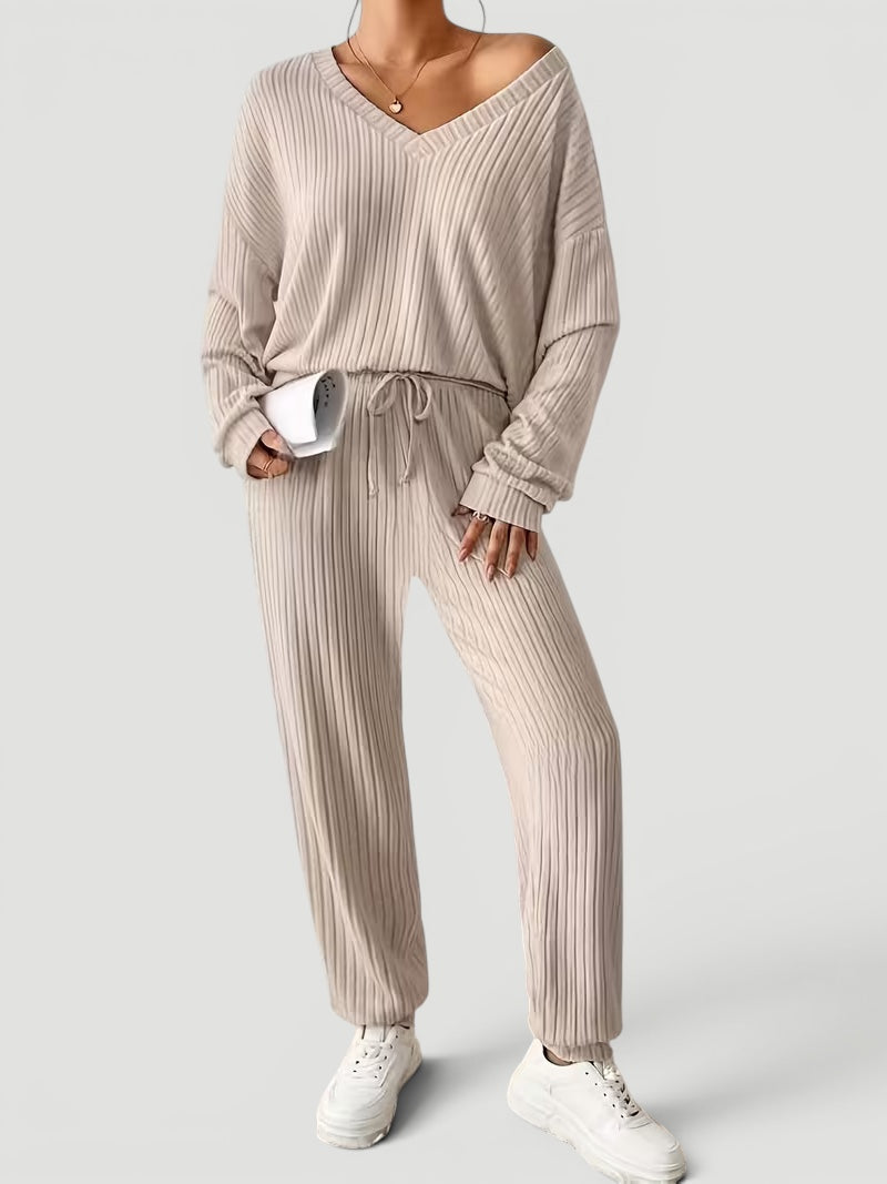 Georgia | Womens Ribbed Knitted V Neck Long Sleeve Lounge Set