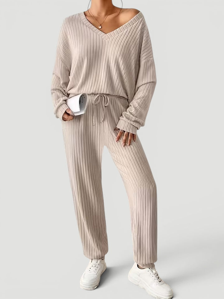 Georgia | Womens Ribbed Knitted V Neck Long Sleeve Lounge Set