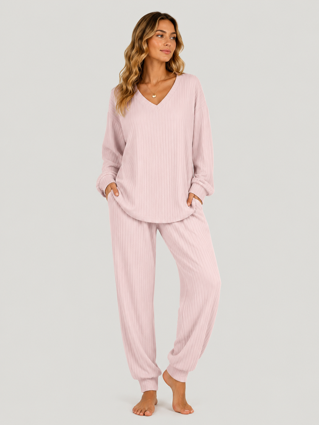 Georgia | Womens Ribbed Knitted V Neck Long Sleeve Lounge Set