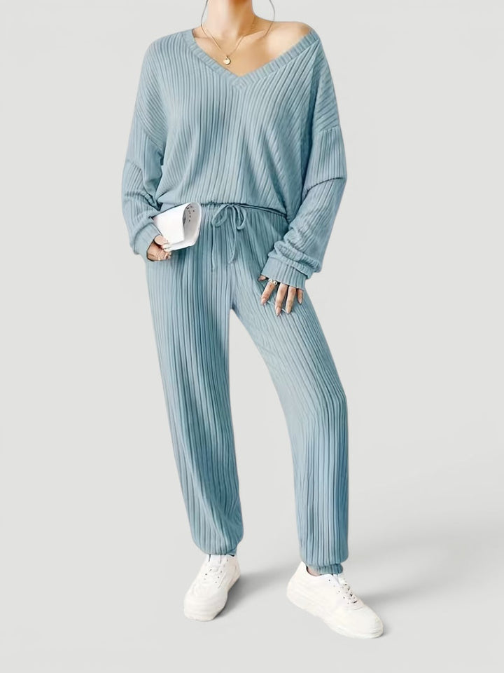 Georgia | Womens Ribbed Knitted V Neck Long Sleeve Lounge Set