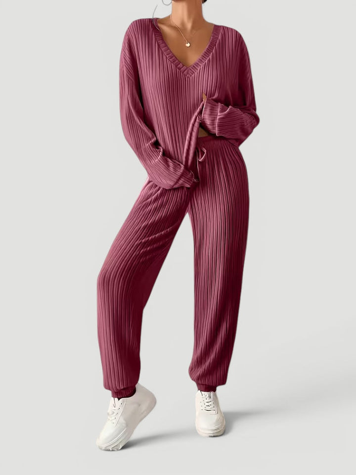 Georgia | Womens Ribbed Knitted V Neck Long Sleeve Lounge Set