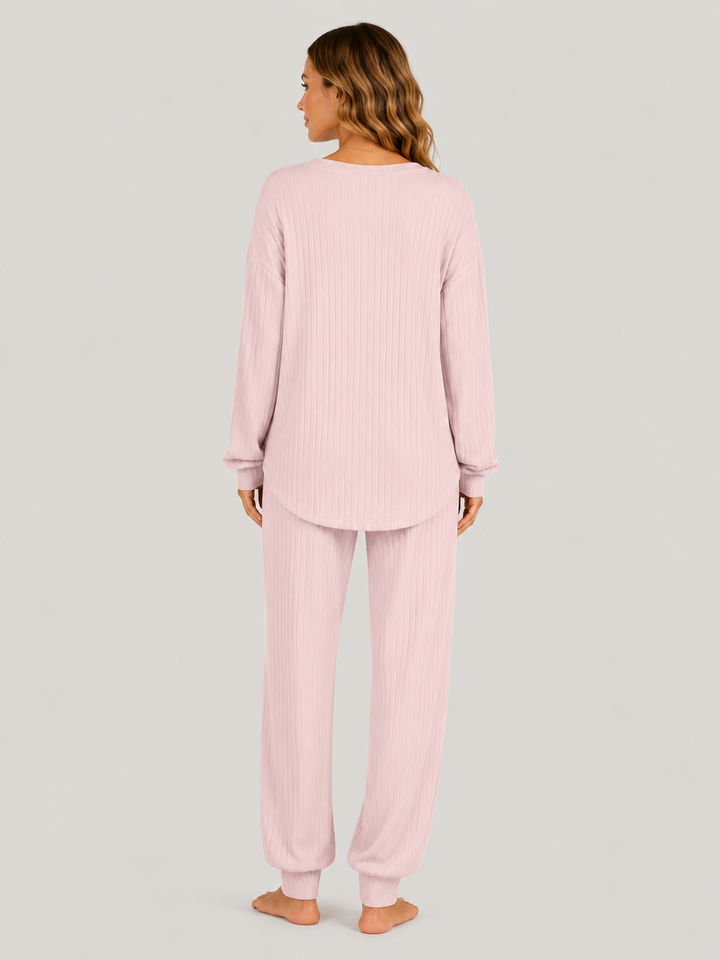 Georgia | Womens Ribbed Knitted V Neck Long Sleeve Lounge Set