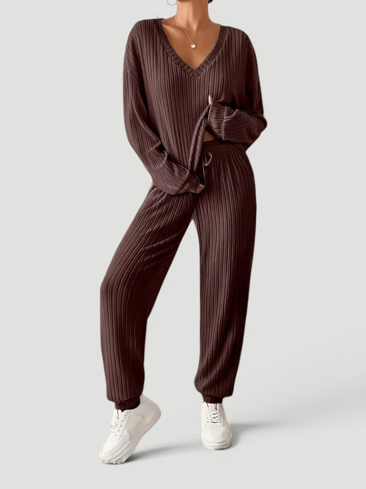 Georgia | Womens Ribbed Knitted V Neck Long Sleeve Lounge Set