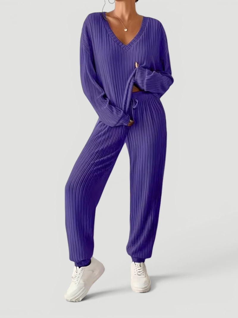 Georgia | Womens Ribbed Knitted V Neck Long Sleeve Lounge Set