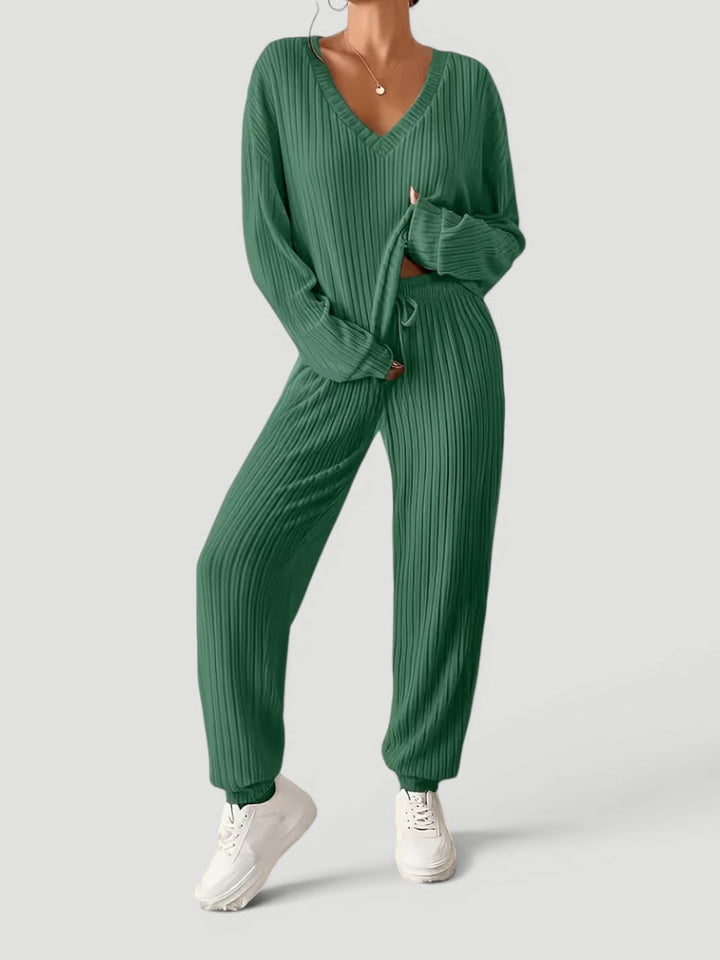 Georgia | Womens Ribbed Knitted V Neck Long Sleeve Lounge Set