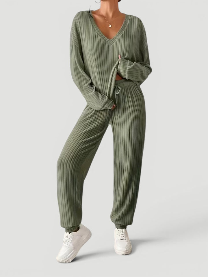 Georgia | Womens Ribbed Knitted V Neck Long Sleeve Lounge Set