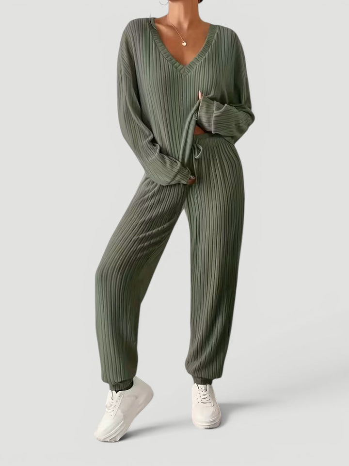 Georgia | Womens Ribbed Knitted V Neck Long Sleeve Lounge Set