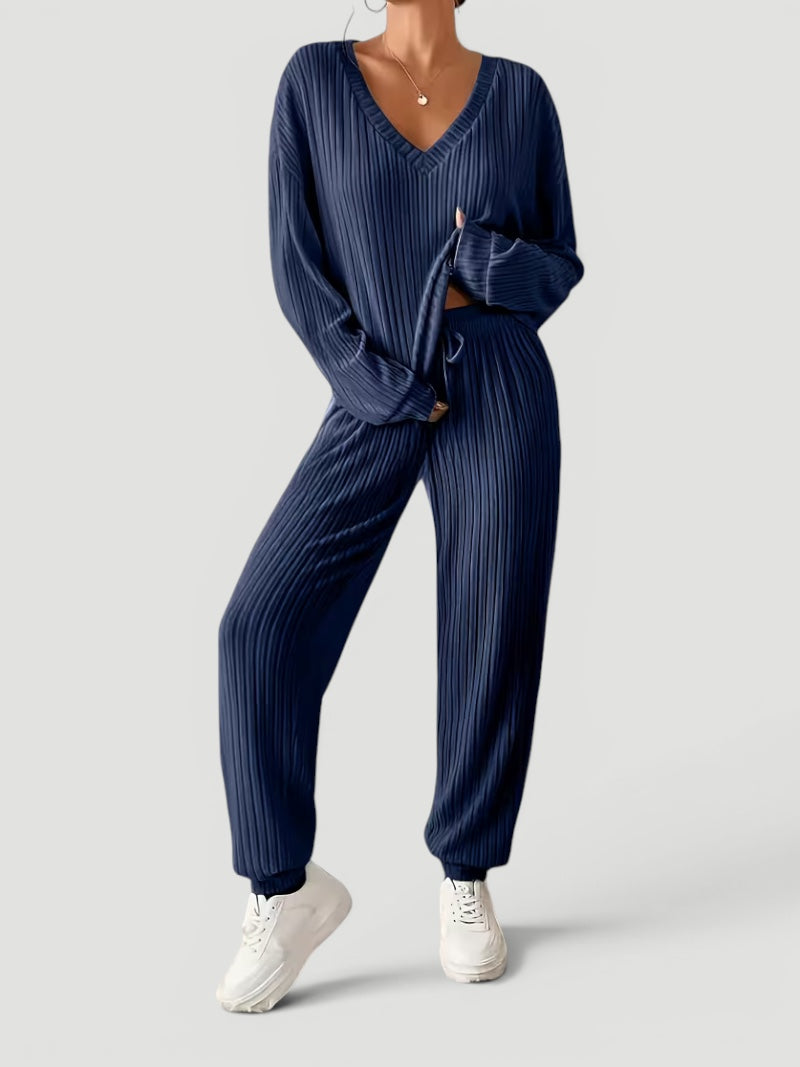 Georgia | Womens Ribbed Knitted V Neck Long Sleeve Lounge Set