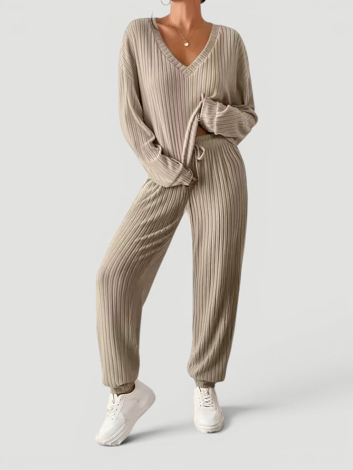 Georgia | Womens Ribbed Knitted V Neck Long Sleeve Lounge Set