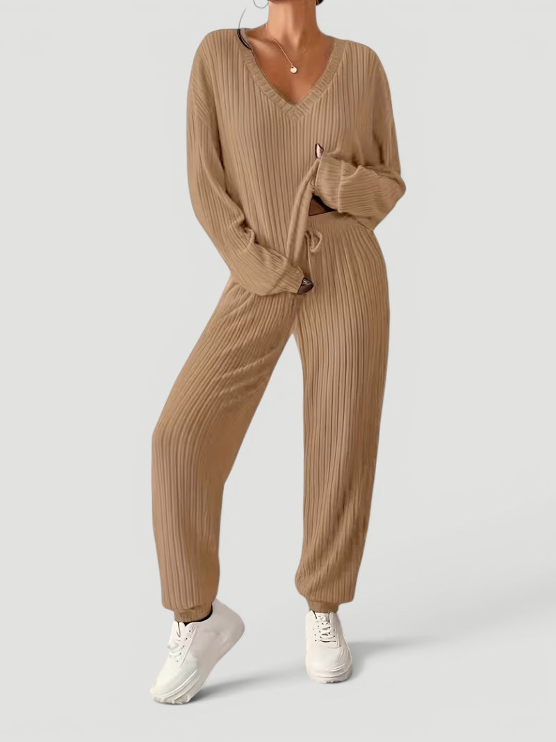 Georgia | Womens Ribbed Knitted V Neck Long Sleeve Lounge Set