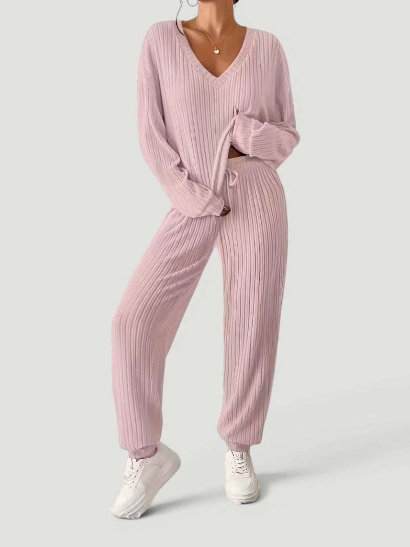 Georgia | Womens Ribbed Knitted V Neck Long Sleeve Lounge Set