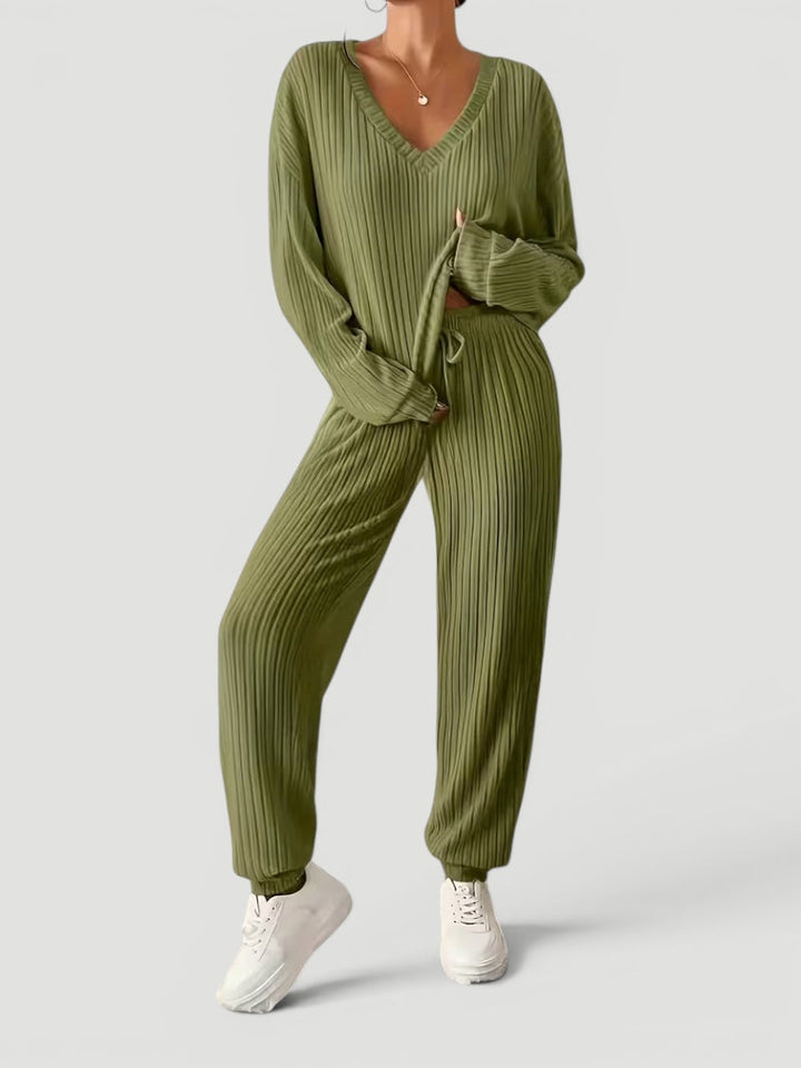 Georgia | Womens Ribbed Knitted V Neck Long Sleeve Lounge Set