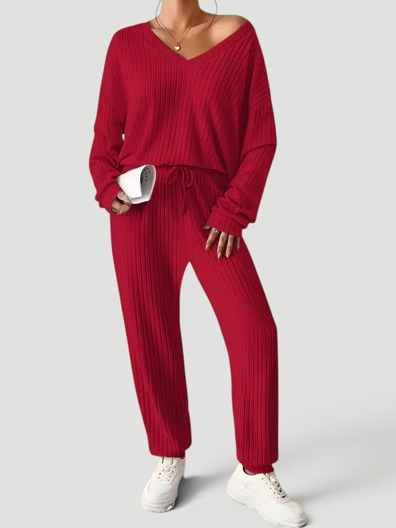 Georgia | Womens Ribbed Knitted V Neck Long Sleeve Lounge Set