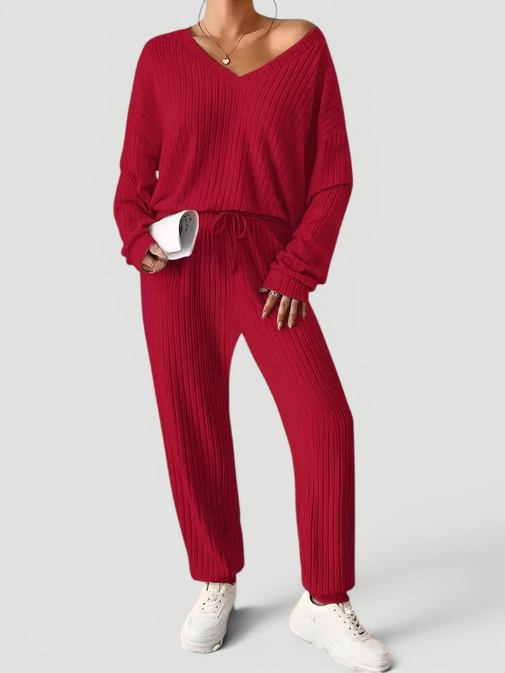 Georgia | Womens Ribbed Knitted V Neck Long Sleeve Lounge Set