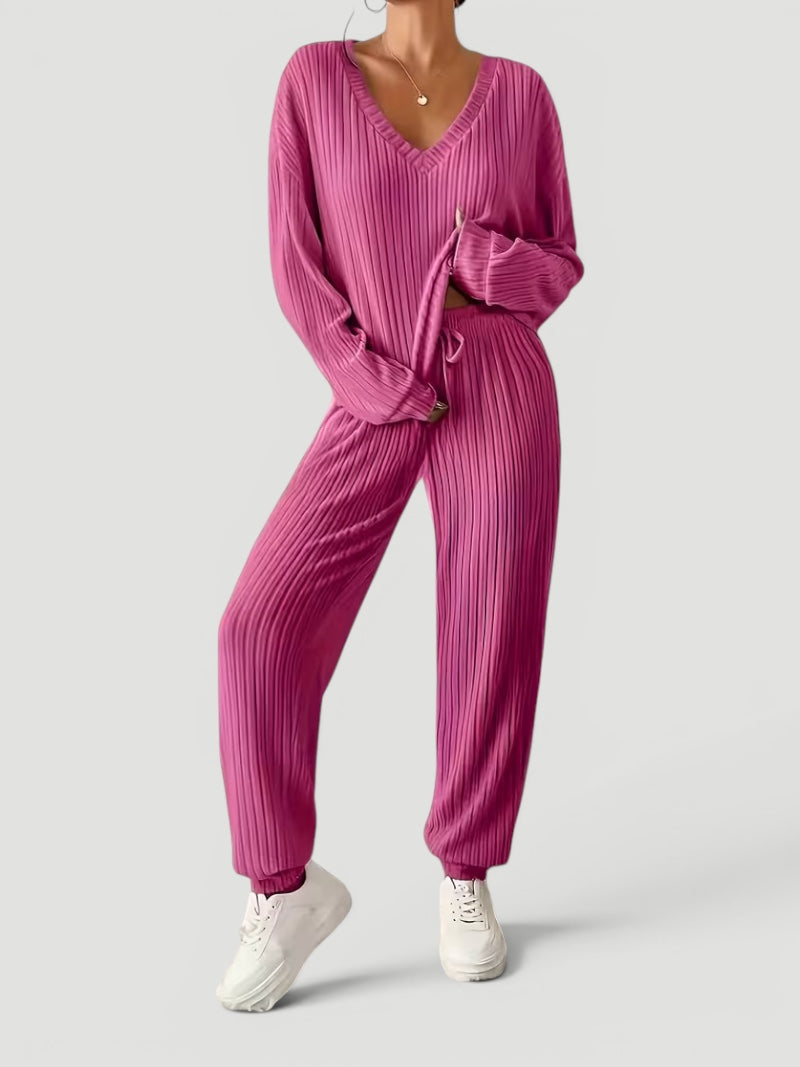 Georgia | Womens Ribbed Knitted V Neck Long Sleeve Lounge Set