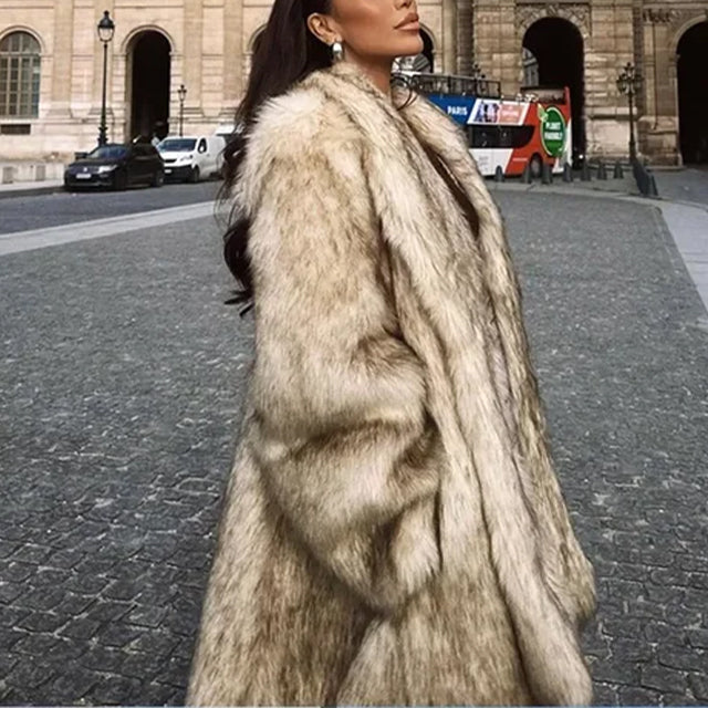 Grace | Beige Faux Fur Oversized Knee Length Coat
