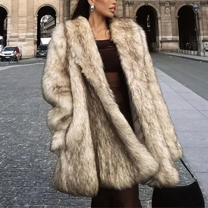 Grace | Beige Faux Fur Oversized Knee Length Coat
