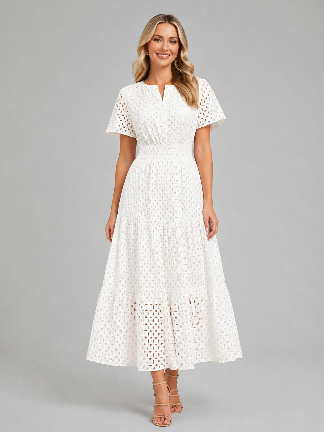Grace | Smocked Tiered Eyelet Short Sleeve Maxi Dress