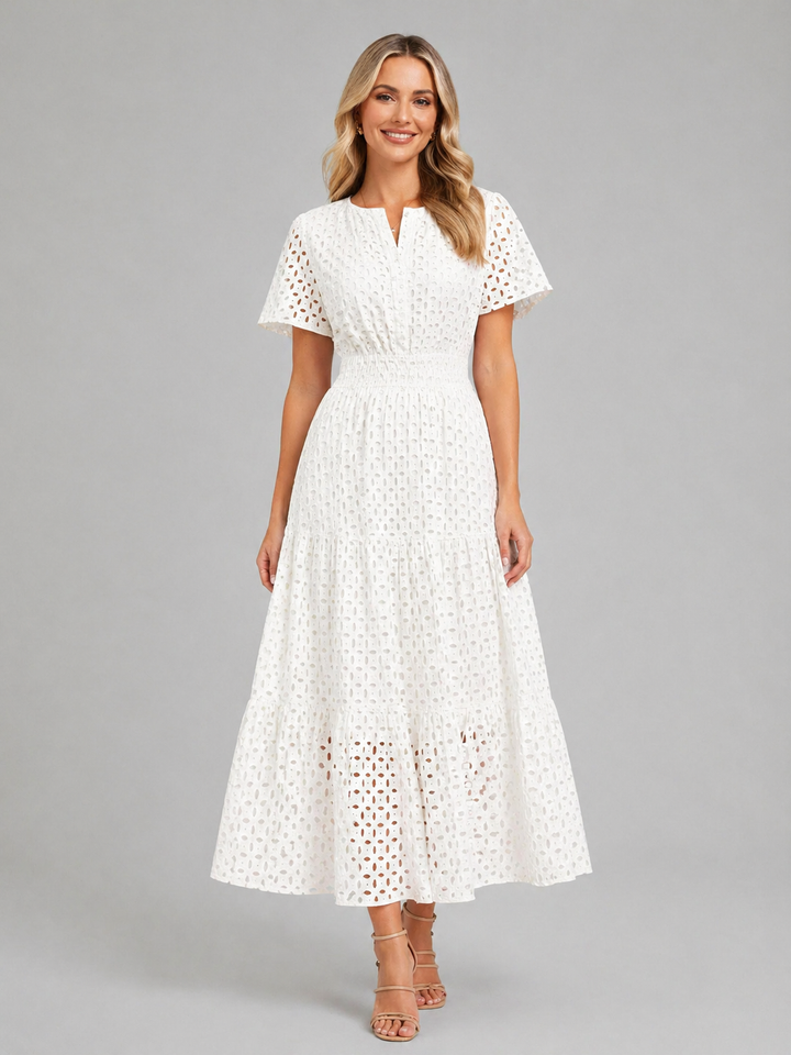 Grace | Smocked Tiered Eyelet Short Sleeve Maxi Dress
