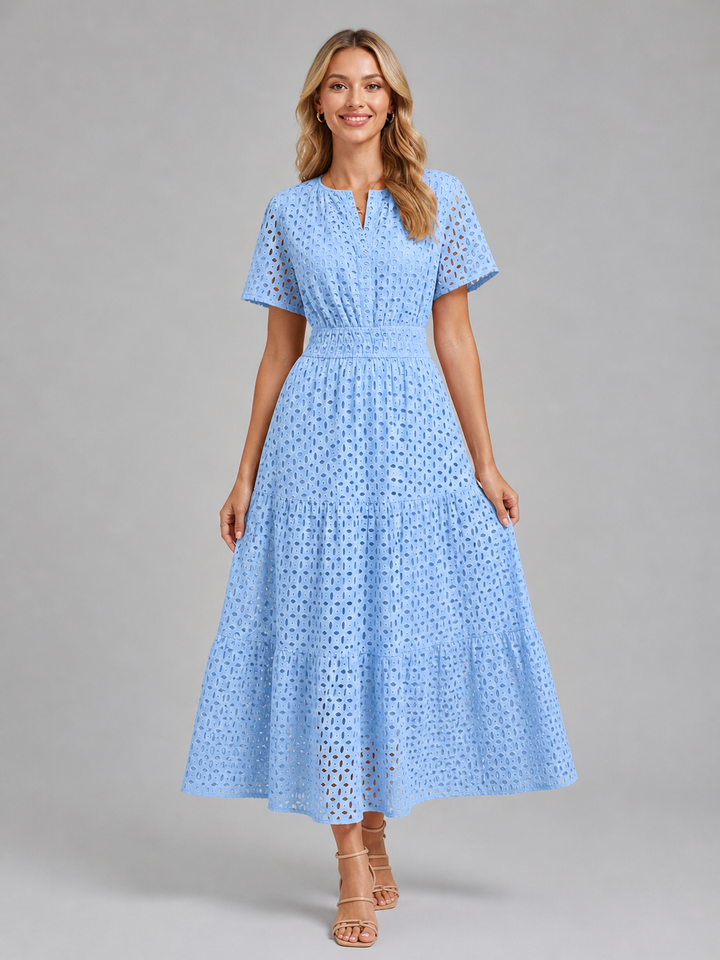 Grace | Smocked Tiered Eyelet Short Sleeve Maxi Dress